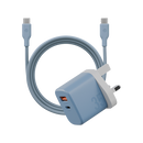 Bazic Go Port Velox Kit Bundle 1-Port USB-C & 1-Port USB-A PD 35W Wall Charger with Weave USB-C to USB-C 60W Cable - Bubblegum Blue - شاحن حائط - فتحتين للشحن السريع - 35 واط + سلك شحن تايب سي قوة 60 واط - كفالة 24 شهر