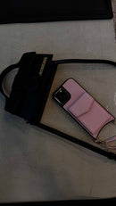 Pink Leather Case with Mirror, Card Wallet and Strap Lanyard - كفر جلد مع محفظة للبطاقات ومرايا وخيط علاقة