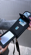 Black Leather Case with Mirror, Card Wallet and Strap Lanyard - كفر جلد مع محفظة للبطاقات ومرايا وخيط علاقة
