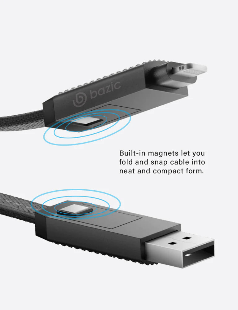 Bazic GoCharge 4 IN 1 Input USB A and USB-C to Output USB-C and Lightning Cable 15cm - Black - سلك شحن - 4 في 1 - من يو اس بي + تايب سي - الى تايب سي + ايفون - طول 15سم - بيزك