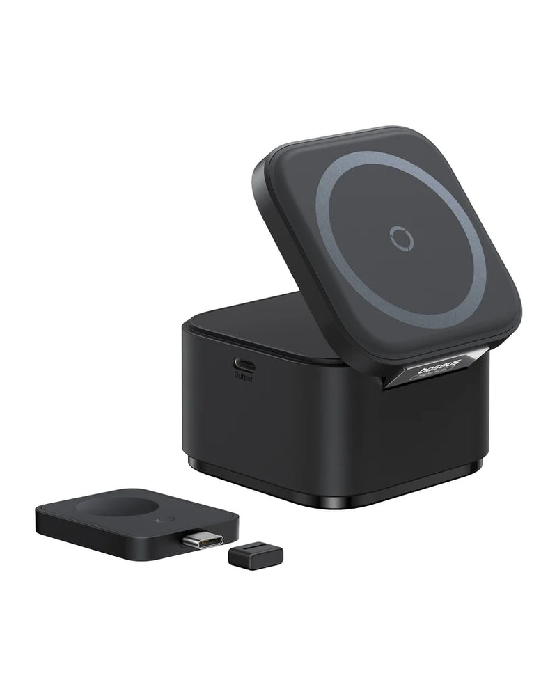 Baseus MagPro 2-in-1 Magnetic Wireless Charger 25W – Black [D] - ستاند شحن - 2 في 1 - شاحن ماغ سيف وايرلس بقوة 25 واط +  ستاند + شاحن سماعة ايربودز - خاصية الشحن السريع - كفالة 12 شهر