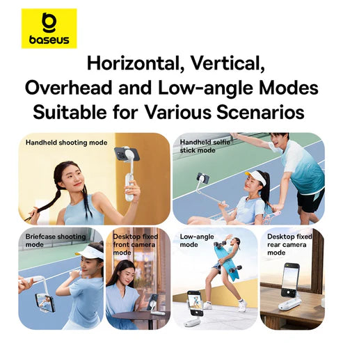 Baseus TechShot Dual-Support Selfie Stick – White [D] - ستاند تصوير + عصا سيلفي + ريموت - لجميع انواع الاجهزة - ماغ سيف + مسكه - بيسوس