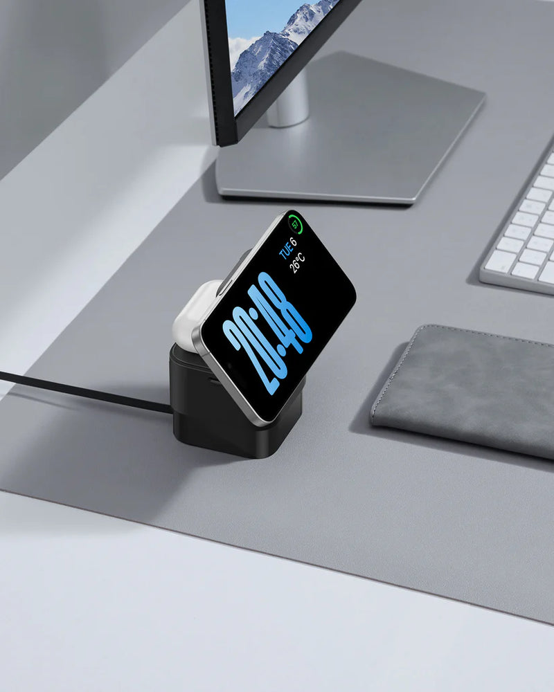 Baseus MagPro 2-in-1 Magnetic Wireless Charger 25W – Black [D] - ستاند شحن - 2 في 1 - شاحن ماغ سيف وايرلس بقوة 25 واط +  ستاند + شاحن سماعة ايربودز - خاصية الشحن السريع - كفالة 12 شهر