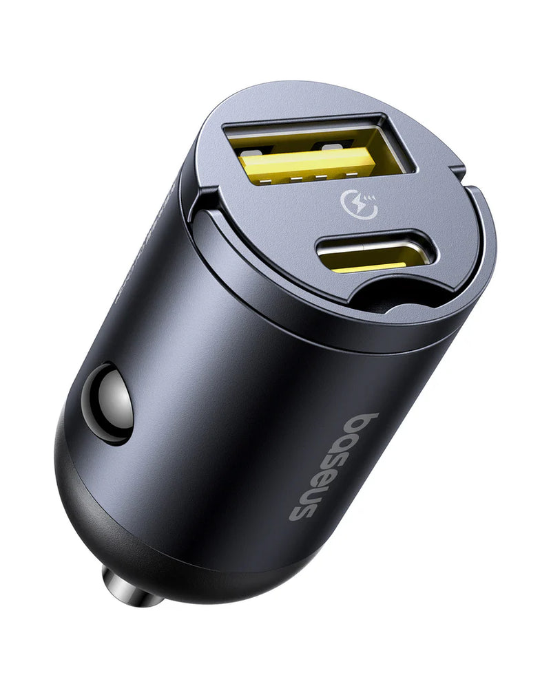 Baseus Tiny Star Mini Car Charger 30W (U+C) – Black [D] شاحن ولاعة للسيارة - بيسوس - قوة 30 واط - 1 منفذ تايب سي للشحن السريع - 1 منفذ يو اس بي - كفالة 12 شهر