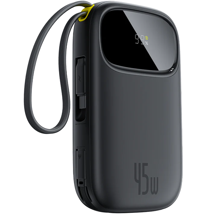 Baseus EnerFill FC31 Qpow3 Power Bank 10000mAh 45W with USB-C + Lightning Cables – Black [D] بطارية متنقلة - بيسوس - سعة 10000 - عدد 2 سلك - شاحن  ايفون + تايب سي - شاشة رقميه - قوة 45 واط - كفالة 24 شهر