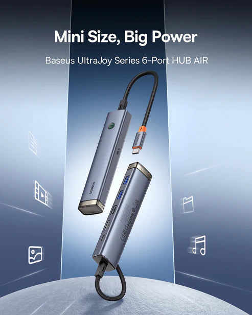 Baseus UltraJoy 6-Port HUB AIR – Space Grey [D] - وصلة تايب سي - 6 في 1 - لاجهزة الايباد برو والماك بوك - متعددة الاستخدام - كفالة 12 شهر
