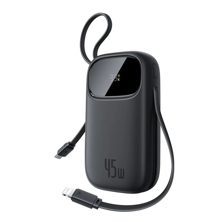 Baseus EnerFill FC31 Qpow3 Power Bank 10000mAh 45W with USB-C + Lightning Cables – Black [D] بطارية متنقلة - بيسوس - سعة 10000 - عدد 2 سلك - شاحن  ايفون + تايب سي - شاشة رقميه - قوة 45 واط - كفالة 24 شهر