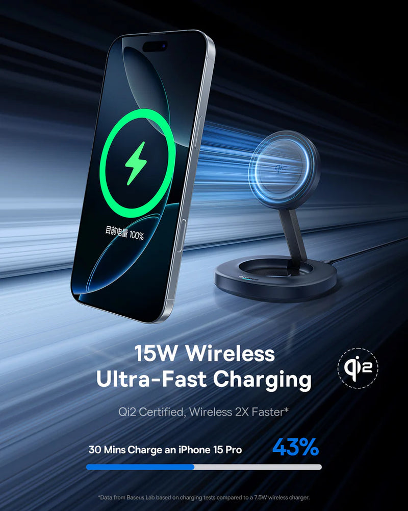 Baseus EnerFill FF11 Foldable Wireless Charger 15W [D] – Black - ستاند شحن - شاحن ماغ سيف وايرلس بقوة 15 واط - خاصية الشحن السريع - كفالة 12 شهر