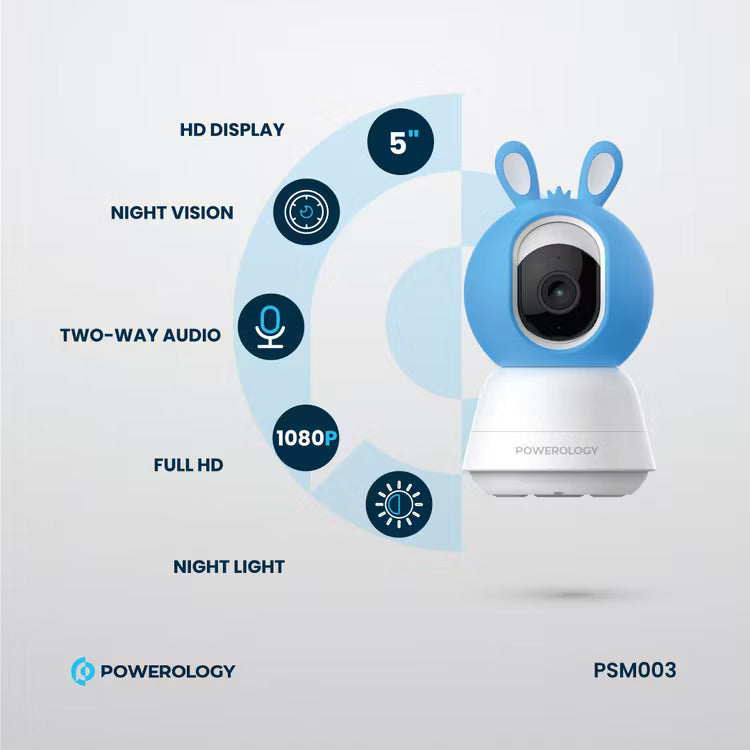 Powerology Monitor - App Baby Camera with  Blue Covers Type-C Charging Interface, Built-in Lullabies  [O] - كاميرا داخلية + شاشة  باورولوجي - كفالة 24 شهر