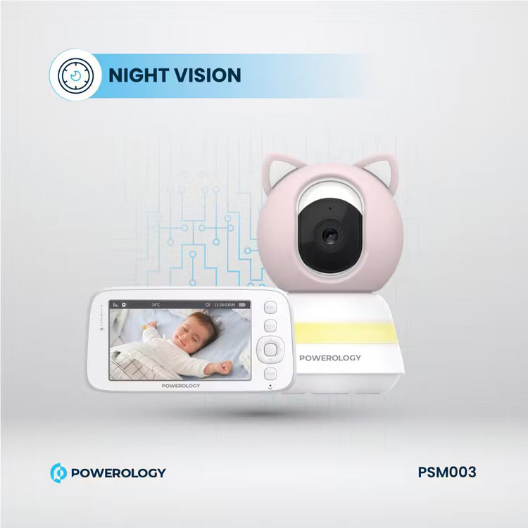 Powerology Monitor - App Baby Camera with  Pink Covers Type-C Charging Interface, Built-in Lullabies - كاميرا داخلية + شاشة  باورولوجي - كفالة 12 شهر