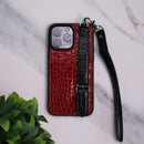 Dana Red with Black Leather Case with Card Slot and Strap - كفر مع مسكة شريطة ومكان للبطاقات وخيط علاقة
