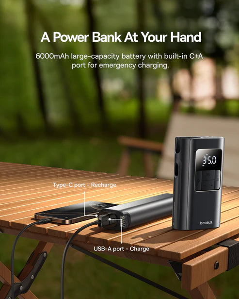 Baseus PrimeTrip VA1 2-in-1 Wired & Wireless Tire Inflator – Black [D] - ضاغط هواء للسيارة - 2 في 1 - بطارية بسعة 6000 ميللي امبير - كفالة 12 شهر