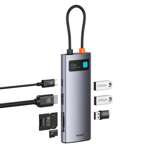 Baseus Metal Gleam 7-Port HUB – Space Grey [D] - وصلة تايب سي - 7 في 1 - لاجهزة الايباد برو والماك بوك - متعددة الاستخدام - كفالة 12 شهر
