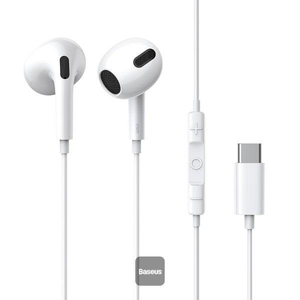 Baseus Encok Type-C lateral in-ear Wired Earphone C17 - White [B] - سماعة اذن - تايب سي - بيسوس - مع مايكروفون - لاجهزة الاندرويد والسامسونغ والايباد برو - كفالة 12 شهر