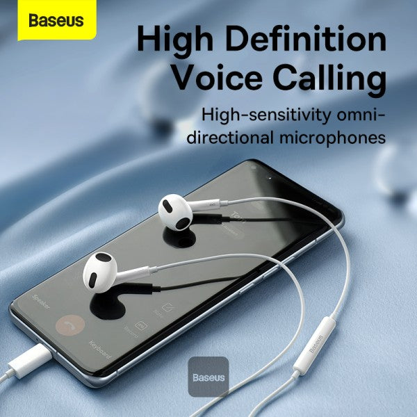 Baseus Encok Type-C lateral in-ear Wired Earphone C17 - White [B] - سماعة اذن - تايب سي - بيسوس - مع مايكروفون - لاجهزة الاندرويد والسامسونغ والايباد برو - كفالة 12 شهر