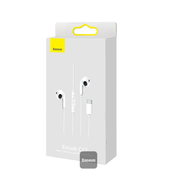 Baseus Encok Type-C lateral in-ear Wired Earphone C17 - White [B] - سماعة اذن - تايب سي - بيسوس - مع مايكروفون - لاجهزة الاندرويد والسامسونغ والايباد برو - كفالة 12 شهر