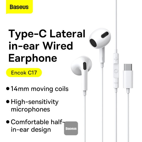 Baseus Encok Type-C lateral in-ear Wired Earphone C17 - White [B] - سماعة اذن - تايب سي - بيسوس - مع مايكروفون - لاجهزة الاندرويد والسامسونغ والايباد برو - كفالة 12 شهر