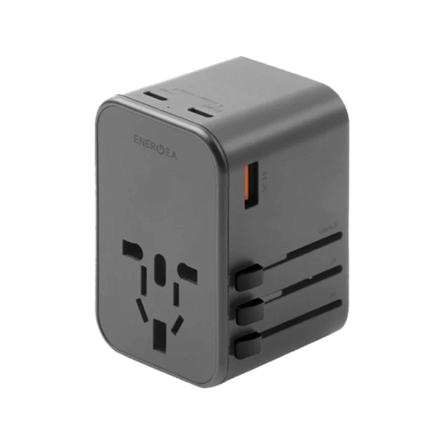 Energea Travelworld 2-Port USB-C And 1-Port USB-A GaN 65W Travel Adapter - Gunmetal [B] - شاحن حائط دولي للسفر - مناسب لجميع دول العالم - 3 فتحات للشحن الذكي والسريع - 2 فتحتين تايب سي - 1 فتحة يو اس بي - قوة 65 واط - كفالة 18 شهر
