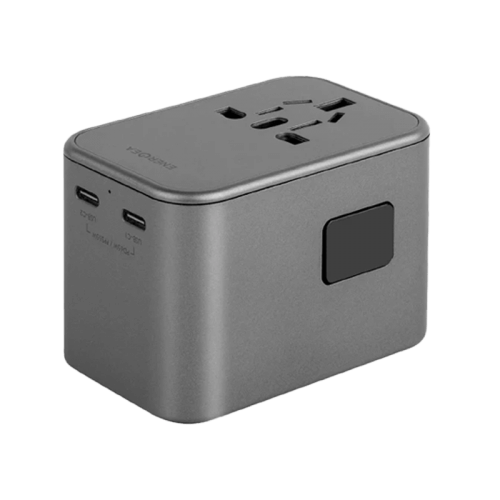 Energea Travelworld 2-Port USB-C And 1-Port USB-A GaN 65W Travel Adapter - Gunmetal [B] - شاحن حائط دولي للسفر - مناسب لجميع دول العالم - 3 فتحات للشحن الذكي والسريع - 2 فتحتين تايب سي - 1 فتحة يو اس بي - قوة 65 واط - كفالة 18 شهر