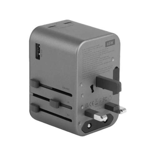 Energea Travelworld 2-Port USB-C And 1-Port USB-A GaN 65W Travel Adapter - Gunmetal [B] - شاحن حائط دولي للسفر - مناسب لجميع دول العالم - 3 فتحات للشحن الذكي والسريع - 2 فتحتين تايب سي - 1 فتحة يو اس بي - قوة 65 واط - كفالة 18 شهر