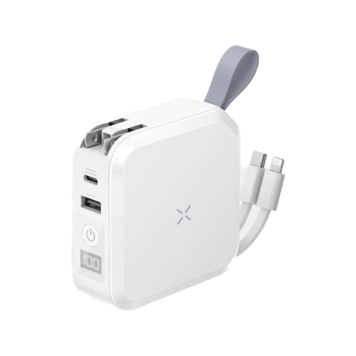 Bazic GoPort Travel 10000mAh 5 in 1 Multi-Functional Universal Wall Charger with 15W Fast Wireless Charging - White - شاحن حائط دولي - 5 في 1 - باور بانك سعة 10000 - سلك شحن ايفون + سلك شحن تايب سي - شاشه رقمية - شاحن لاسلكي - ستاند بالطول والعرض