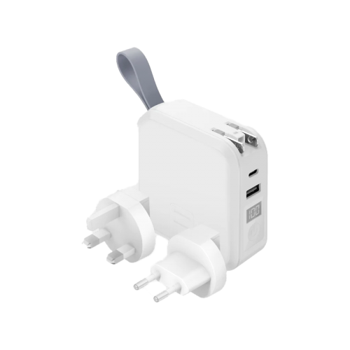 Bazic GoPort Travel 10000mAh 5 in 1 Multi-Functional Universal Wall Charger with 15W Fast Wireless Charging - White - شاحن حائط دولي - 5 في 1 - باور بانك سعة 10000 - سلك شحن ايفون + سلك شحن تايب سي - شاشه رقمية - شاحن لاسلكي - ستاند بالطول والعرض