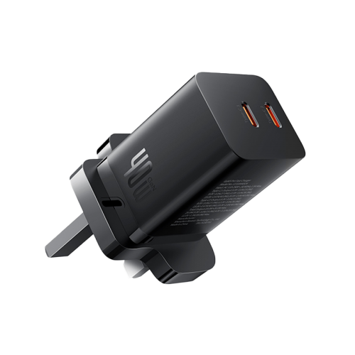 Baseus 2-Port USB-C 40W GaN Charger - Cluster Black [B]- شاحن حائط  بقوة 40 واط - 2 فتحتين تايب سي للشحن السريع - كفالة 12 شهر