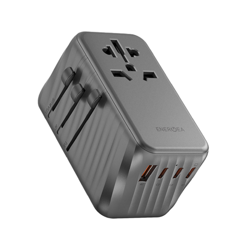 Energea TravelWorld 3-Port USB-C And 1-Port USB-A GaN 120W Travel Adapter - Gunmetal [B] - شاحن حائط دولي للسفر - مناسب لجميع دول العالم -4 فتحات للشحن الذكي والسريع - 3 فتحات تايب سي - 1 فتحة يو اس بي - قوة 120 واط - كفالة 18 شهر
