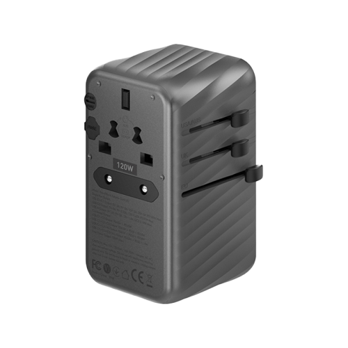 Energea TravelWorld 3-Port USB-C And 1-Port USB-A GaN 120W Travel Adapter - Gunmetal [B] - شاحن حائط دولي للسفر - مناسب لجميع دول العالم -4 فتحات للشحن الذكي والسريع - 3 فتحات تايب سي - 1 فتحة يو اس بي - قوة 120 واط - كفالة 18 شهر
