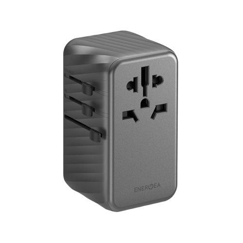 Energea TravelWorld 3-Port USB-C And 1-Port USB-A GaN 120W Travel Adapter - Gunmetal [B] - شاحن حائط دولي للسفر - مناسب لجميع دول العالم -4 فتحات للشحن الذكي والسريع - 3 فتحات تايب سي - 1 فتحة يو اس بي - قوة 120 واط - كفالة 18 شهر