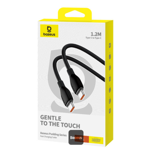 Baseus Pudding Series Fast Charging Cable With High-Speed Data Transmission Type-C to Type-C 100W 5A 1.2M - Black - سلك شحن - بيسوس - تايب سي الى تايب سي - طول 1.2 متر - كفالة 12 شهر