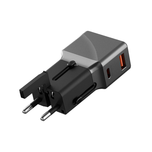 Energea TravelGo 1-Port USB-C & USB-A 25W PD Travel Adapter - Gunmetal Black  - شاحن حائط دولي - منفذين للشحن الذكي والسريع - قوة 25 واط - كفالة 24 شهر