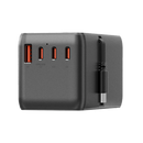 Energea TravelWorld 3-Port USB-C and 1-Port USB-A With 80CM USB-C Cable GaN 85W Travel Adapter - Gunmetal Black [B] - شاحن حائط دولي للسفر - مناسب لجميع دول العالم - 3 فتحات تايب سي - 1 فتحة يو اس بي + سلك شحن تايب سي مدمج - قوة 85 واط - كفالة 18 شهر