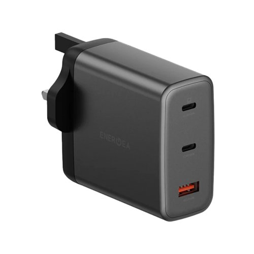 Energea Ampcharge 2-Port USB-C & 1-Port USB-A 100W GaN Wall Charger - Gunmetall [B] - بلاك حائط شحن - قوة 100 واط - انيرجيا - 3 فتحات للشحن السريع - 2 فتحتين تايب سي - 1 فتحه يو اس بي - كفالة 12شهر