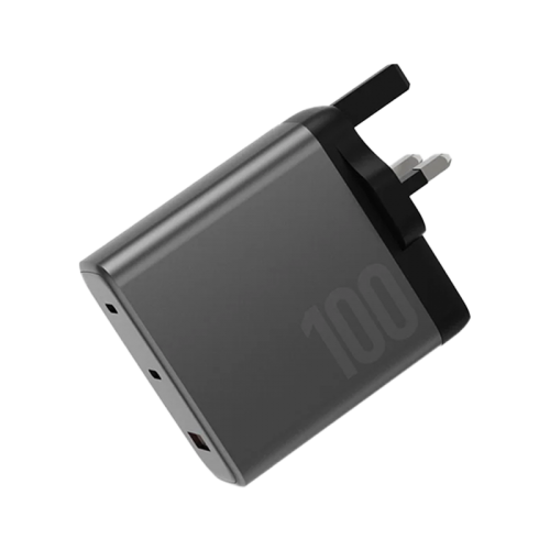 Energea Ampcharge 2-Port USB-C & 1-Port USB-A 100W GaN Wall Charger - Gunmetall [B] - بلاك حائط شحن - قوة 100 واط - انيرجيا - 3 فتحات للشحن السريع - 2 فتحتين تايب سي - 1 فتحه يو اس بي - كفالة 12شهر