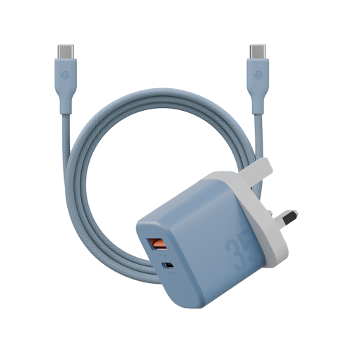 Bazic Go Port Velox Kit Bundle 1-Port USB-C & 1-Port USB-A PD 35W Wall Charger with Weave USB-C to USB-C 60W Cable - Bubblegum Blue - شاحن حائط - فتحتين للشحن السريع - 35 واط + سلك شحن تايب سي قوة 60 واط - كفالة 24 شهر