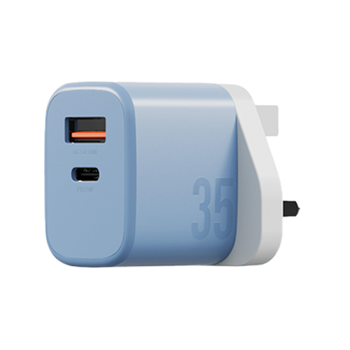 Bazic Go Port Velox Kit Bundle 1-Port USB-C & 1-Port USB-A PD 35W Wall Charger with Weave USB-C to USB-C 60W Cable - Bubblegum Blue - شاحن حائط - فتحتين للشحن السريع - 35 واط + سلك شحن تايب سي قوة 60 واط - كفالة 24 شهر