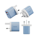 Bazic Go Port Velox Kit Bundle 1-Port USB-C & 1-Port USB-A PD 35W Wall Charger with Weave USB-C to USB-C 60W Cable - Bubblegum Blue - شاحن حائط - فتحتين للشحن السريع - 35 واط + سلك شحن تايب سي قوة 60 واط - كفالة 24 شهر