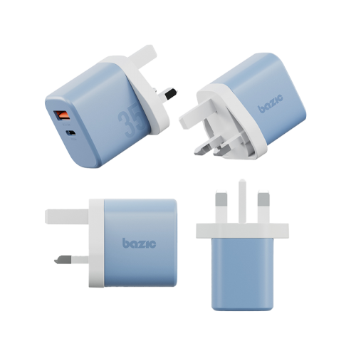 Bazic Go Port Velox Kit Bundle 1-Port USB-C & 1-Port USB-A PD 35W Wall Charger with Weave USB-C to USB-C 60W Cable - Bubblegum Blue - شاحن حائط - فتحتين للشحن السريع - 35 واط + سلك شحن تايب سي قوة 60 واط - كفالة 24 شهر