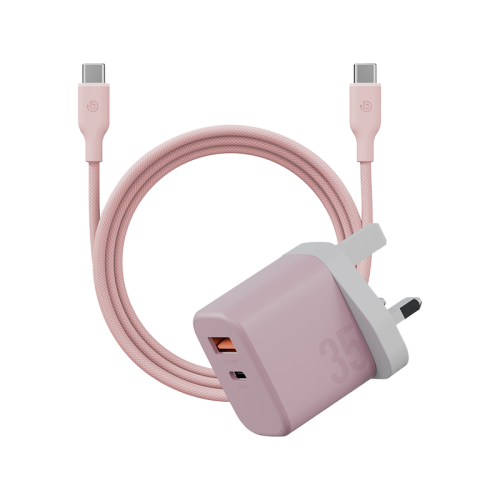 Bazic Go Port Velox Kit Bundle 1-Port USB-C & 1-Port USB-A PD 35W Wall Charger with Weave USB-C to USB-C 60W Cable - Peach Pink - شاحن حائط - فتحتين للشحن السريع - 35 واط + سلك شحن تايب سي قوة 60 واط - كفالة 24شهر