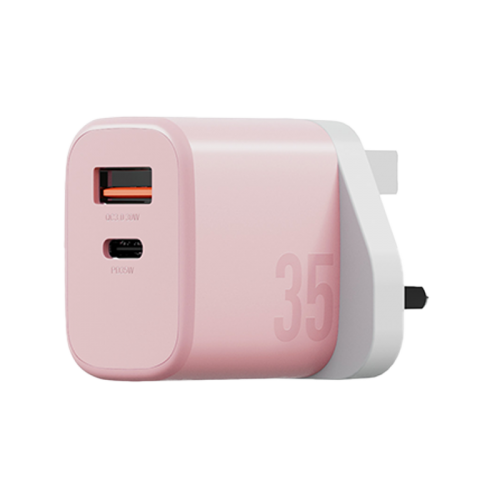 Bazic Go Port Velox Kit Bundle 1-Port USB-C & 1-Port USB-A PD 35W Wall Charger with Weave USB-C to USB-C 60W Cable - Peach Pink - شاحن حائط - فتحتين للشحن السريع - 35 واط + سلك شحن تايب سي قوة 60 واط - كفالة 24شهر