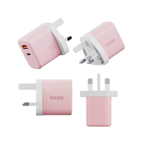 Bazic Go Port Velox Kit Bundle 1-Port USB-C & 1-Port USB-A PD 35W Wall Charger with Weave USB-C to USB-C 60W Cable - Peach Pink - شاحن حائط - فتحتين للشحن السريع - 35 واط + سلك شحن تايب سي قوة 60 واط - كفالة 24شهر