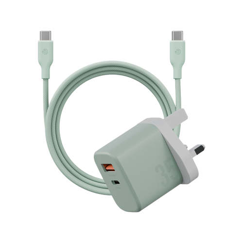 Bazic Go Port Velox Kit Bundle 1-Port USB-C & 1-Port USB-A PD 35W Wall Charger with Weave USB-C to USB-C 60W Cable - Pistachio Green - شاحن حائط - فتحتين للشحن السريع - 35 واط + سلك شحن تايب سي قوة 60 واط - كفالة 24 شهر