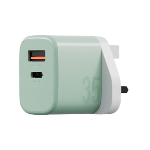 Bazic Go Port Velox Kit Bundle 1-Port USB-C & 1-Port USB-A PD 35W Wall Charger with Weave USB-C to USB-C 60W Cable - Pistachio Green - شاحن حائط - فتحتين للشحن السريع - 35 واط + سلك شحن تايب سي قوة 60 واط - كفالة 24 شهر