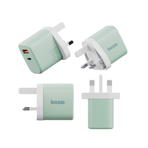 Bazic Go Port Velox Kit Bundle 1-Port USB-C & 1-Port USB-A PD 35W Wall Charger with Weave USB-C to USB-C 60W Cable - Pistachio Green - شاحن حائط - فتحتين للشحن السريع - 35 واط + سلك شحن تايب سي قوة 60 واط - كفالة 24 شهر