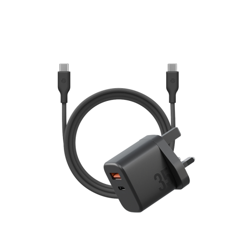 Bazic Go Port Velox Kit Bundle 1-Port USB-C & 1-Port USB-A PD 35W Wall Charger with Weave USB-C to USB-C 60W Cable - Truffle Black - شاحن حائط - فتحتين للشحن السريع - 35 واط + سلك شحن تايب سي قوة 60 واط - كفالة 24 شهر