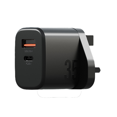 Bazic Go Port Velox Kit Bundle 1-Port USB-C & 1-Port USB-A PD 35W Wall Charger with Weave USB-C to USB-C 60W Cable - Truffle Black - شاحن حائط - فتحتين للشحن السريع - 35 واط + سلك شحن تايب سي قوة 60 واط - كفالة 24 شهر