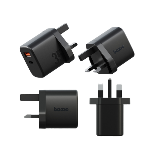 Bazic Go Port Velox Kit Bundle 1-Port USB-C & 1-Port USB-A PD 35W Wall Charger with Weave USB-C to USB-C 60W Cable - Truffle Black - شاحن حائط - فتحتين للشحن السريع - 35 واط + سلك شحن تايب سي قوة 60 واط - كفالة 24 شهر