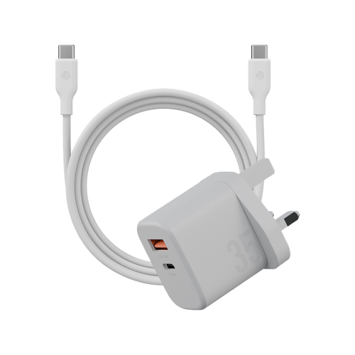 Bazic Go Port Velox Kit Bundle 1-Port USB-C & 1-Port USB-A PD 35W Wall Charger with Weave USB-C to USB-C 60W Cable - Vanilla White - شاحن حائط - فتحتين للشحن السريع - 35 واط + سلك شحن تايب سي قوة 60 واط - كفالة 24 شهر