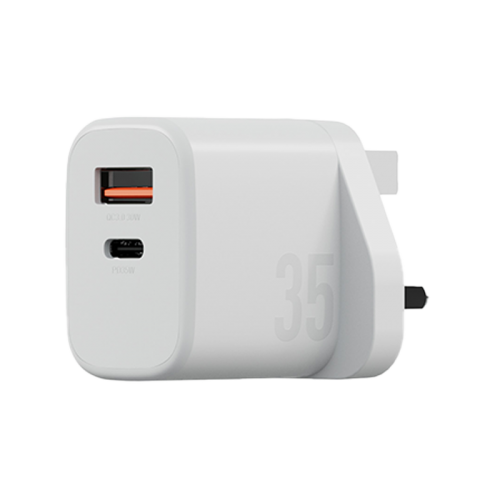 Bazic Go Port Velox Kit Bundle 1-Port USB-C & 1-Port USB-A PD 35W Wall Charger with Weave USB-C to USB-C 60W Cable - Vanilla White - شاحن حائط - فتحتين للشحن السريع - 35 واط + سلك شحن تايب سي قوة 60 واط - كفالة 24 شهر